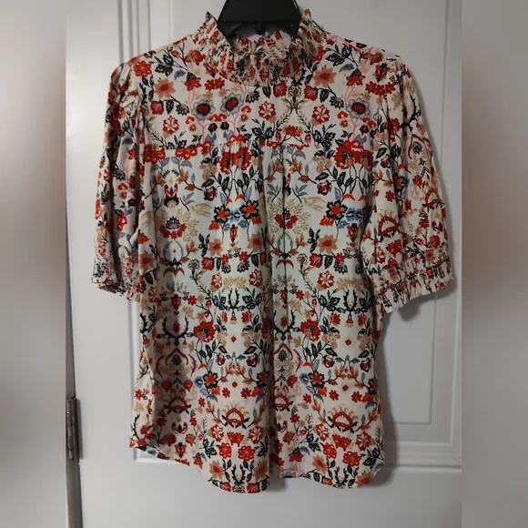 LOFT Floral Cream Blouse with Red and Navy Accents - Picture 1 of 8